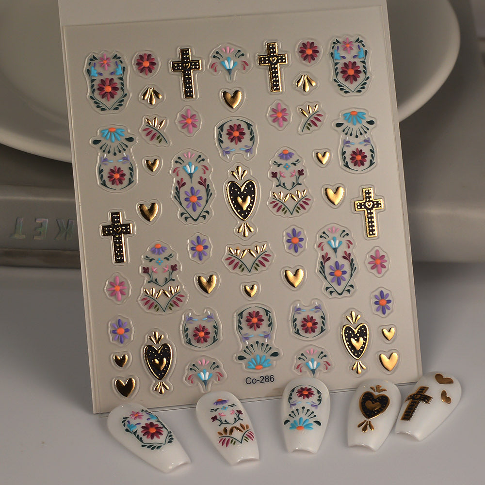 Sacred Heart Cross Nail Stickers, 3D Floral Nail Decals, Gold Religious Nail Art Stickers, Mexican Folk Style Nail Design, Boho Nail Art