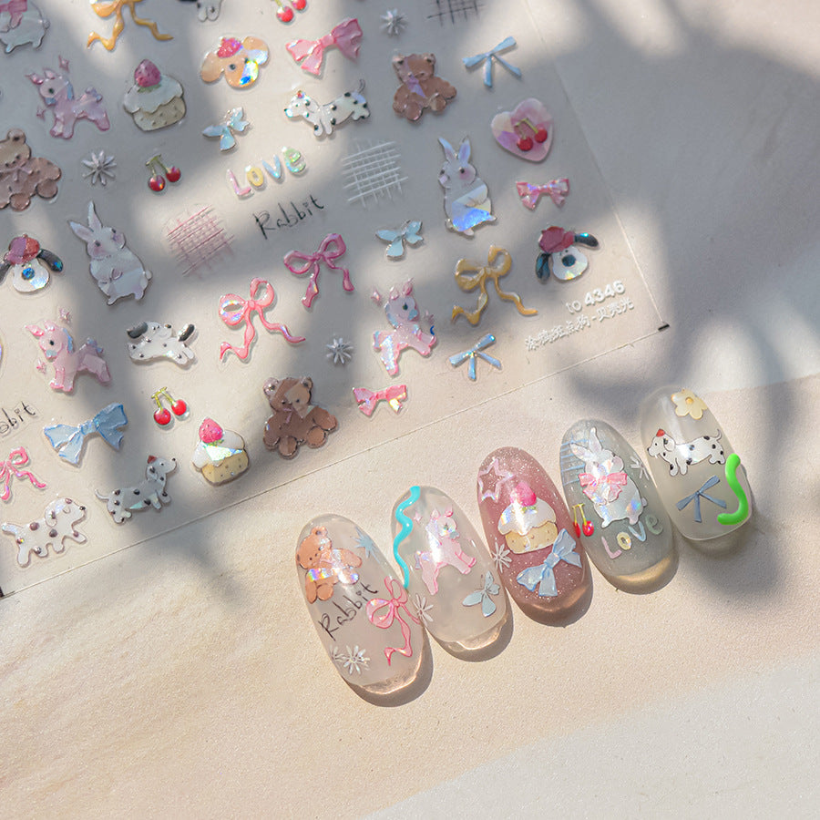 Kawaii Nail Stickers, Cute Animal & Bow Nail Decals, Bunny Bear Puppy Cherry Peel Off Ultra Thin