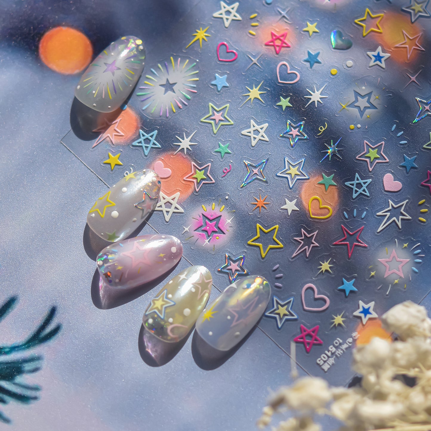 Pastel Hollow Star Nail Decals, Celestial Firework Festival Halo Stickers