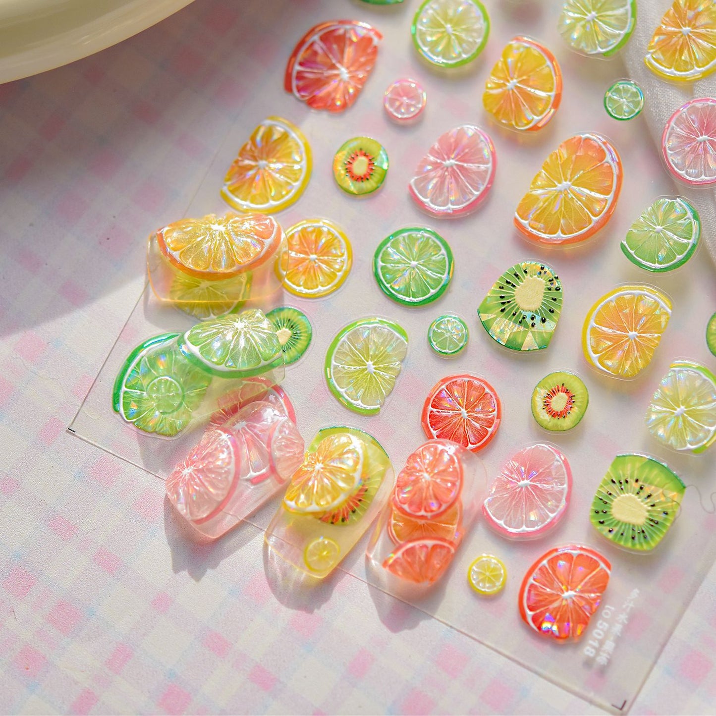 3D Juicy Embossed Iridescent Lemon Lime Orange KIwi Grape Fruit Nail Art Sticker