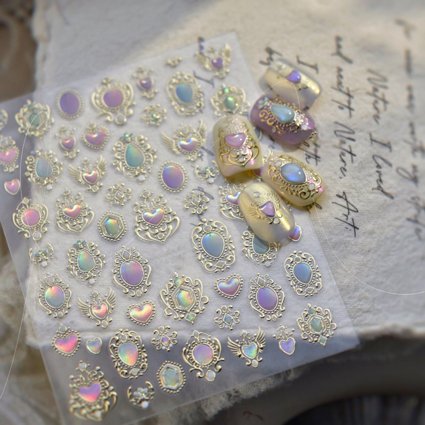 Gilding Iridescent Opal Baroque Inspired Gemstone Design Royal Nail sticker/ Vintage Gold 3D embossed Spiritual Nails Art Stickers