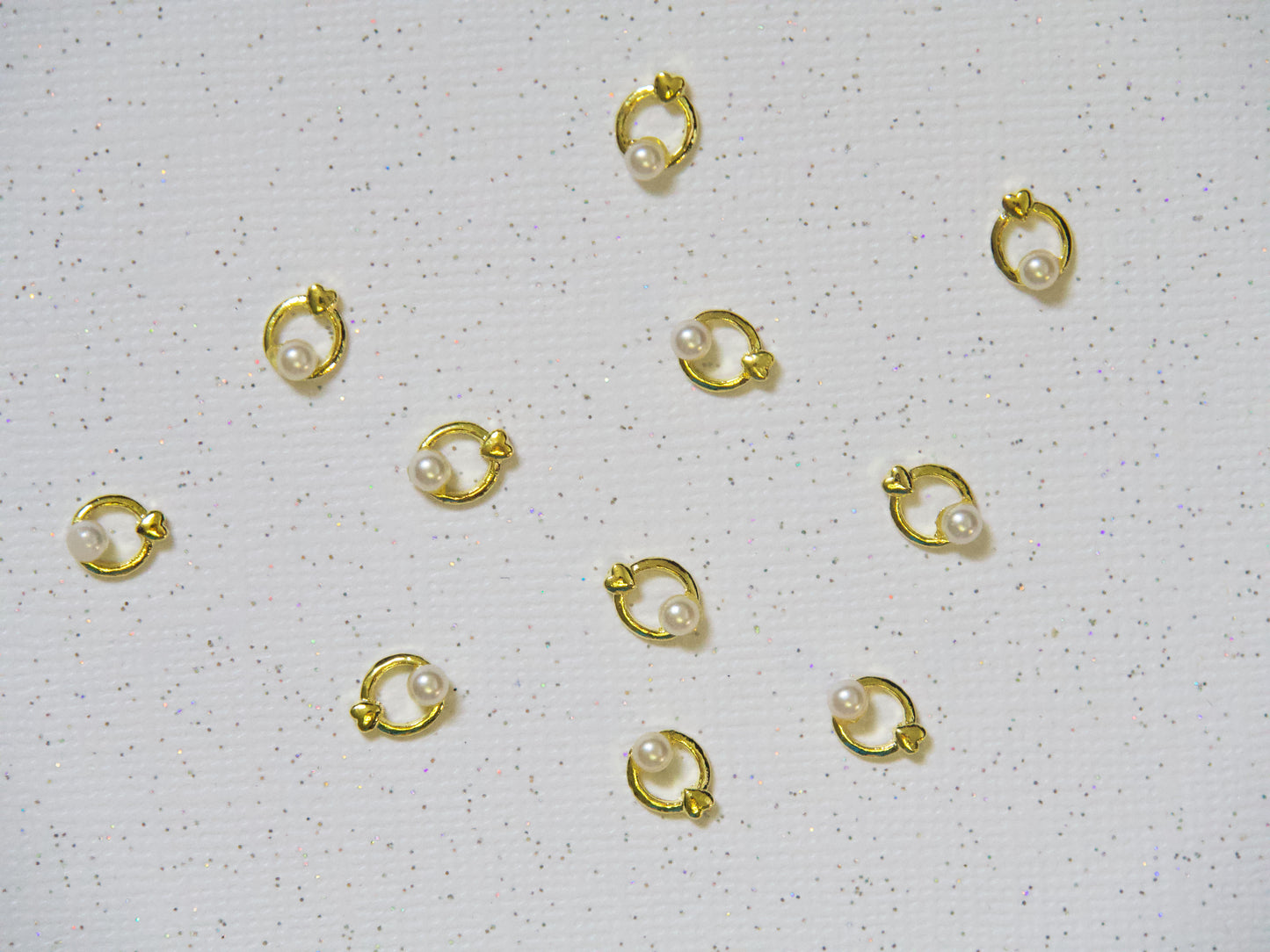 10 pcs 3D pearl round ring Metallic nail studs / heart shape golden ring circle pearl charm nail art