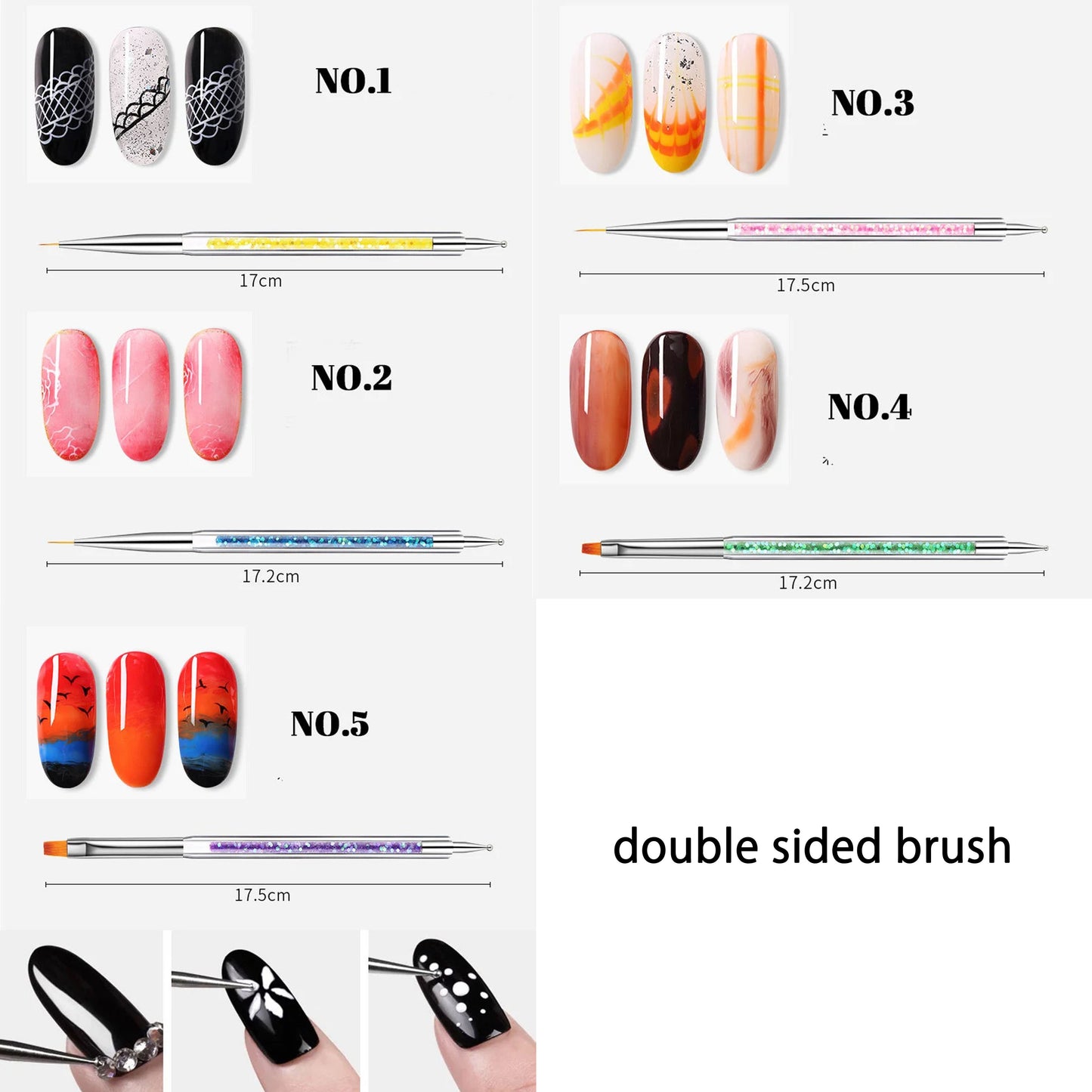 5pcs Double-headed Nail Brush dotting pen/ Dotted Painting UV Gel Polish Nails Brushes set with glitter handle Manicure