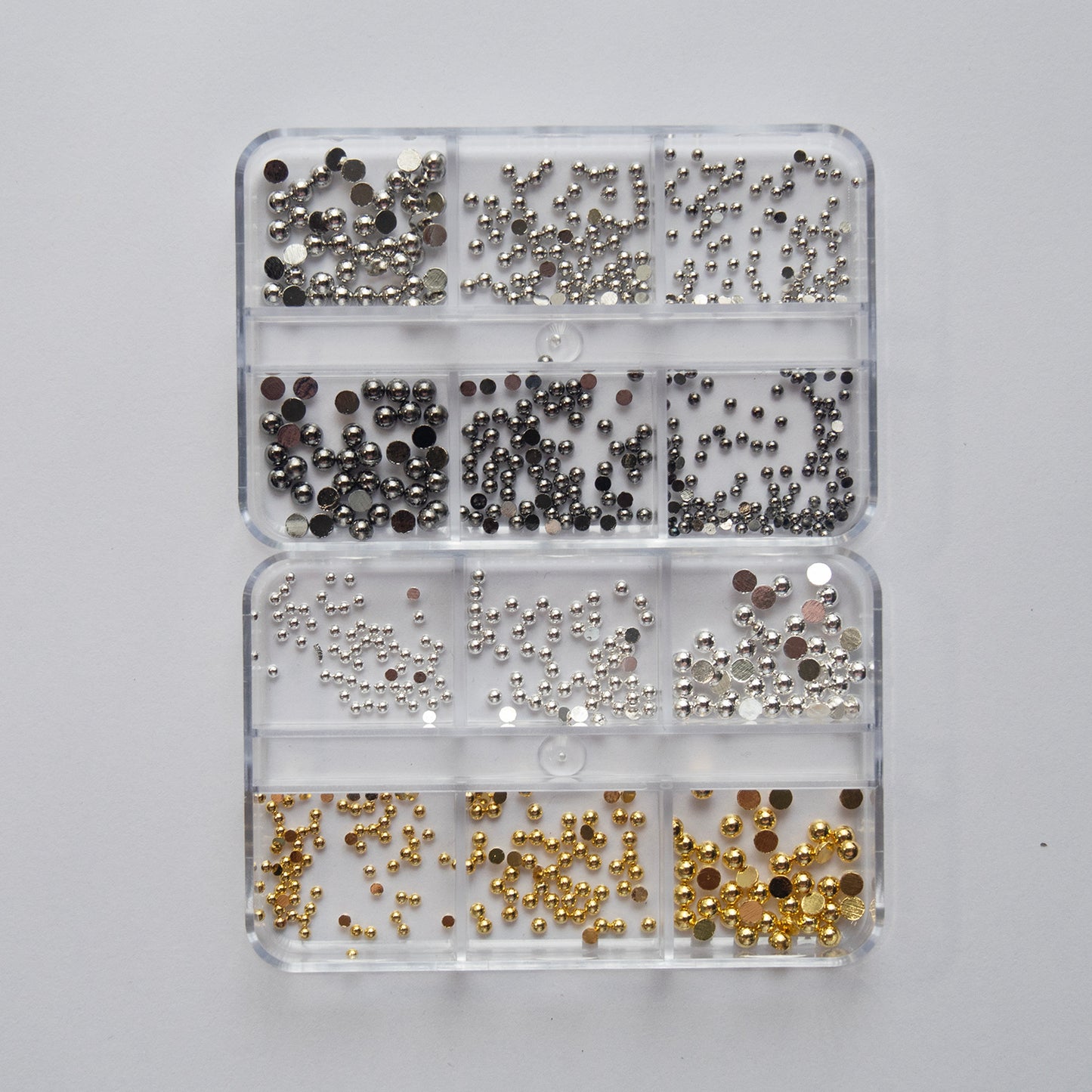 6 Grids Metallic Hemisphere Caviar Beads – Silver & Gold Semicircle Nail Rivets | 3D Nail Art Decorations