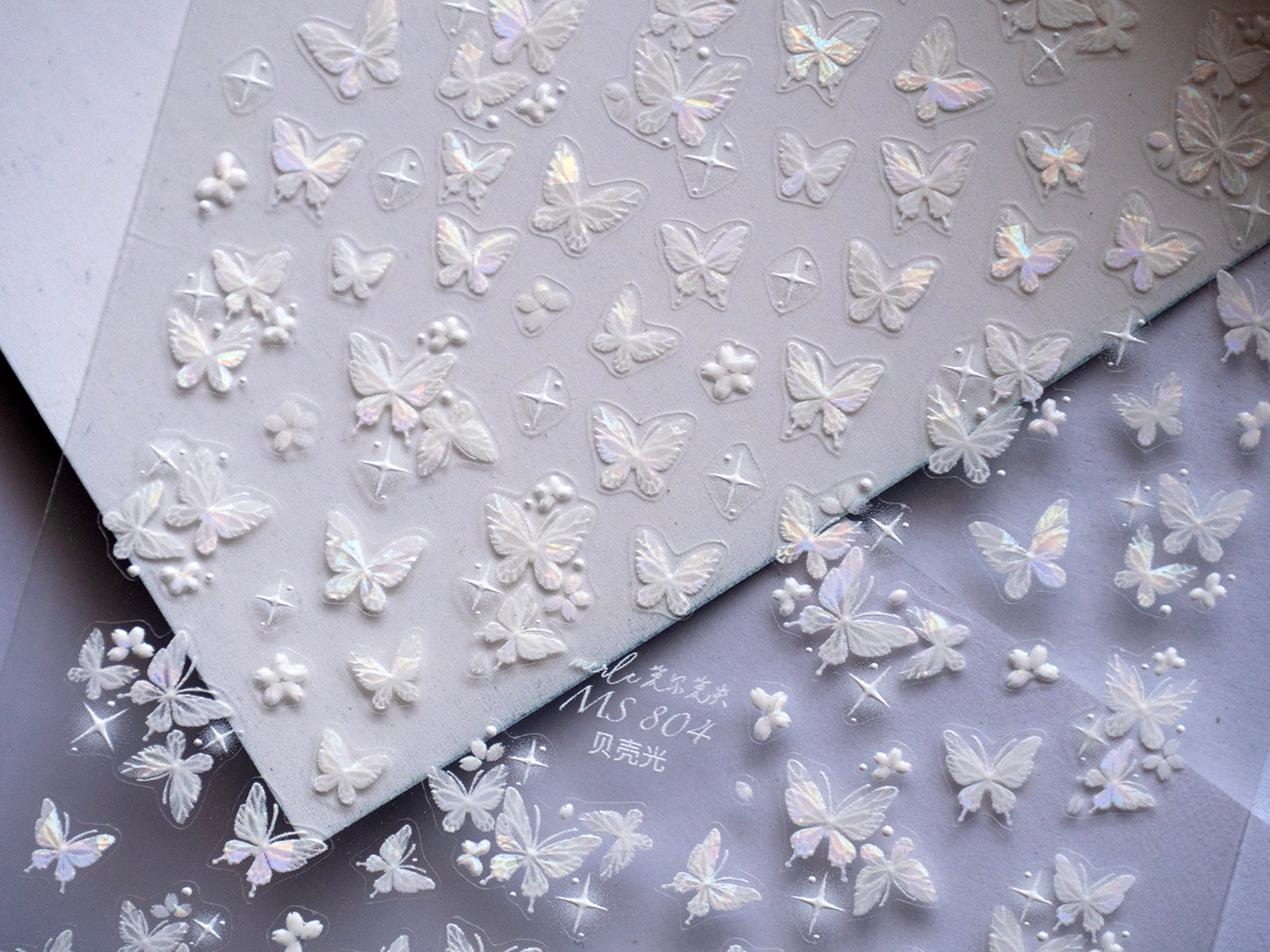 3D Iridescent Butterfly Bow Nail Art Stickers: White Ribbon Decals