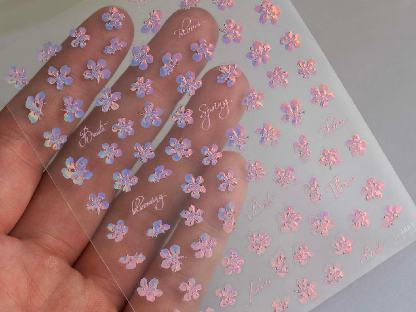 Iridescent Flower Nail Stickers, 3D Holographic Blue Purple Aurora Floral Nail Decals