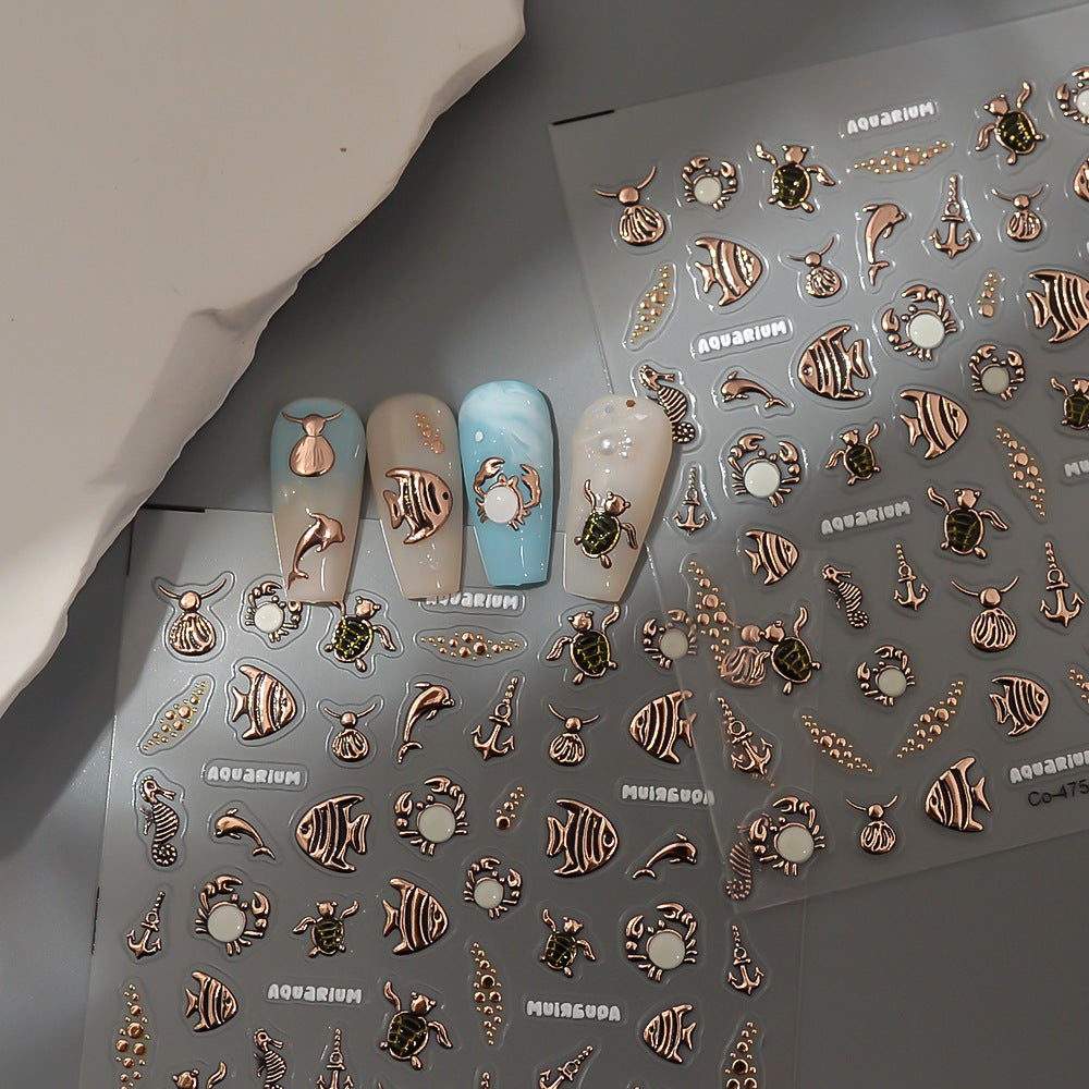 Gold Foil Ocean Nail Stickers – Sea Turtle Fish Sea Star Seashell Nails Decals