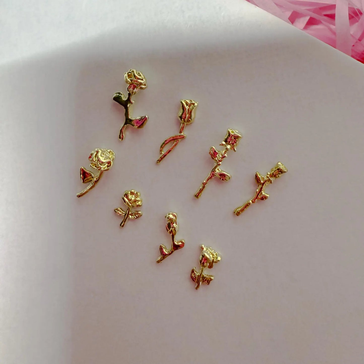 Gold Rose Nail Studs: 3D Floral Metallic Charms (8pcs)