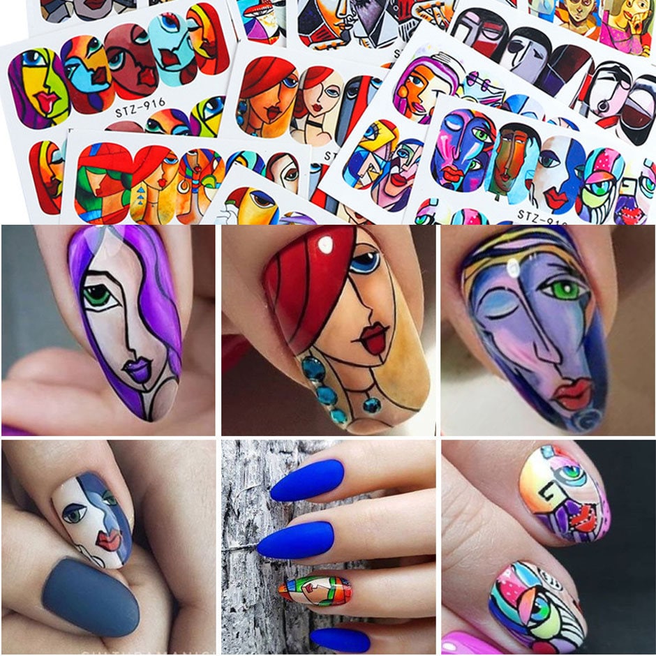 4 pcs abstract pattern nail tattoos stickers/ Water transfer Pablo Picasso style abstract painting nail tattoo/Line Art Women face nail