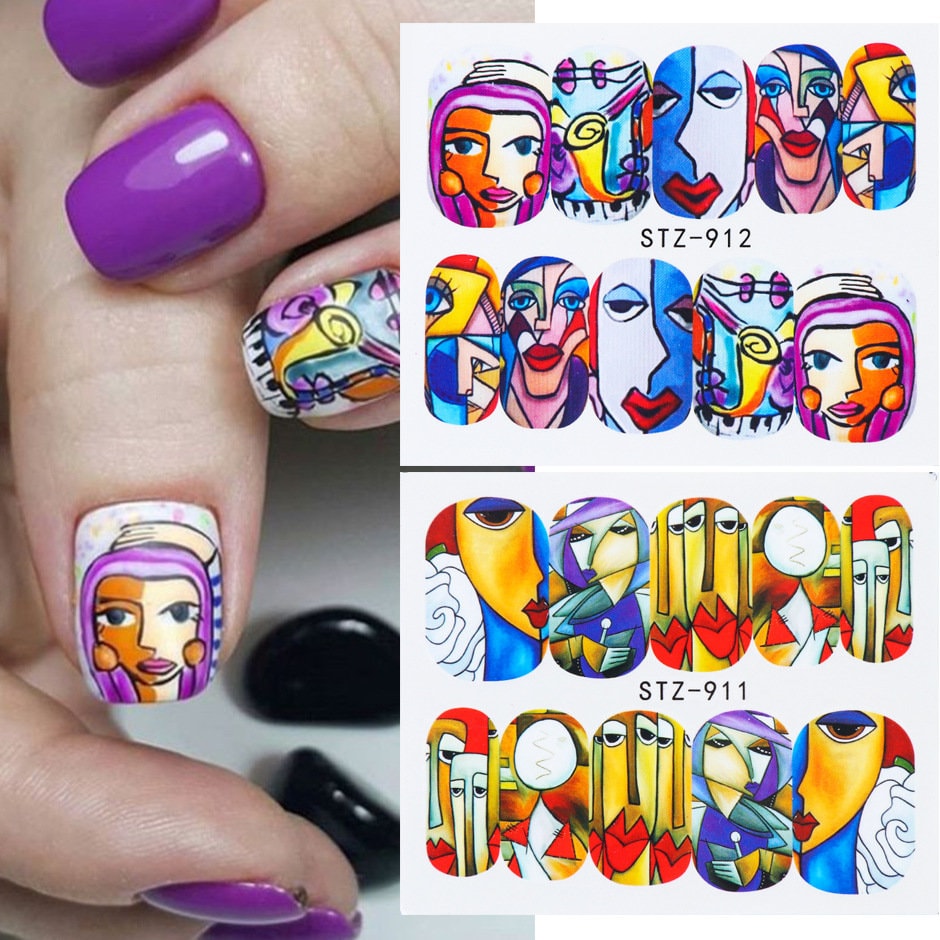 4 pcs abstract pattern nail tattoos stickers/ Water transfer Pablo Picasso style abstract painting nail tattoo/Line Art Women face nail