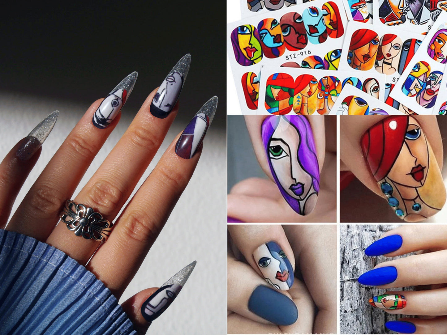 4 pcs abstract pattern nail tattoos stickers/ Water transfer Pablo Picasso style abstract painting nail tattoo/Line Art Women face nail