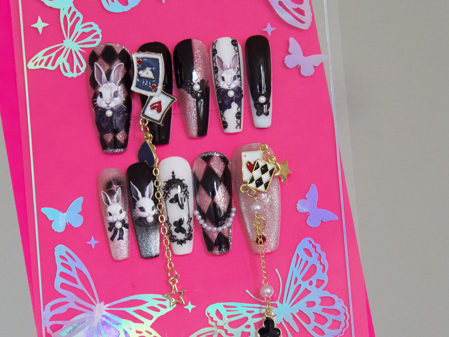 Alice's Adventures in Wonderland Chain Enamel Nail Jewelry Dangle/ Club, Diamond, Heart, Spade Poker Theme Nails/ Fairy Tale Nail Decals