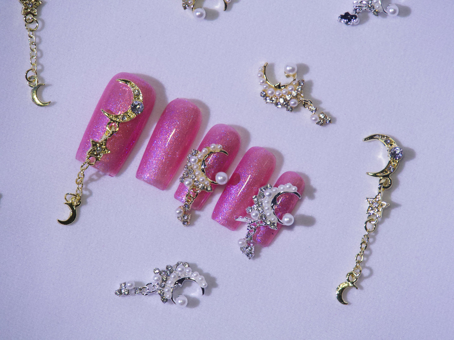 2 pcs 3D Moon dangle nail stud/ Metallic pearl Sailor Moon nail art