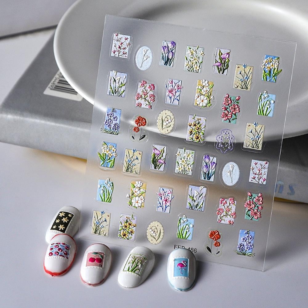 3D Embossed Nail Stickers: Vintage Floral Postage Stamp Style
