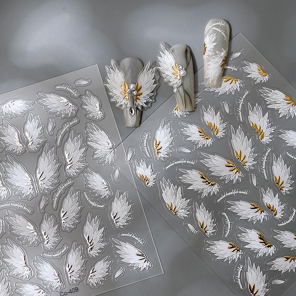 3D Angel Wing Nail Stickers: Gold Foil Feather Decals