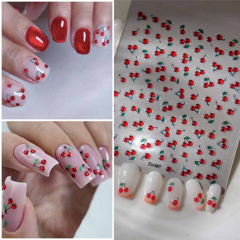 3D Cherry Nail Stickers: Embossed Fruit Nail Art Decals