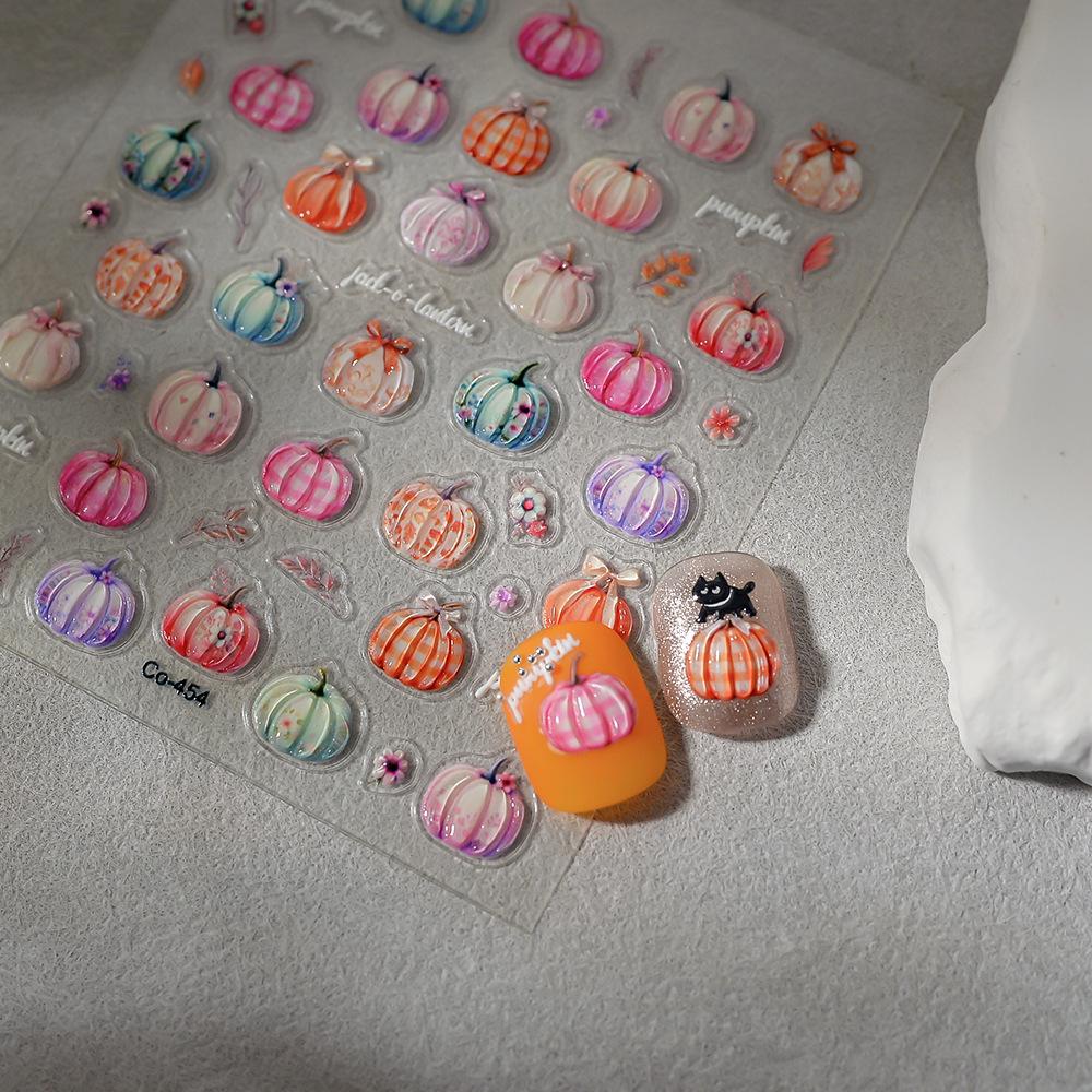3D Embossed Plaid Pumpkin Nail Stickers: Thanksgiving Autumn Nail Art