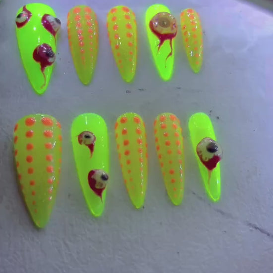 Halloween Spooky Creepy Eye Ball Neon Yellow Dotted Dazzle Gels Customized Press on Nail