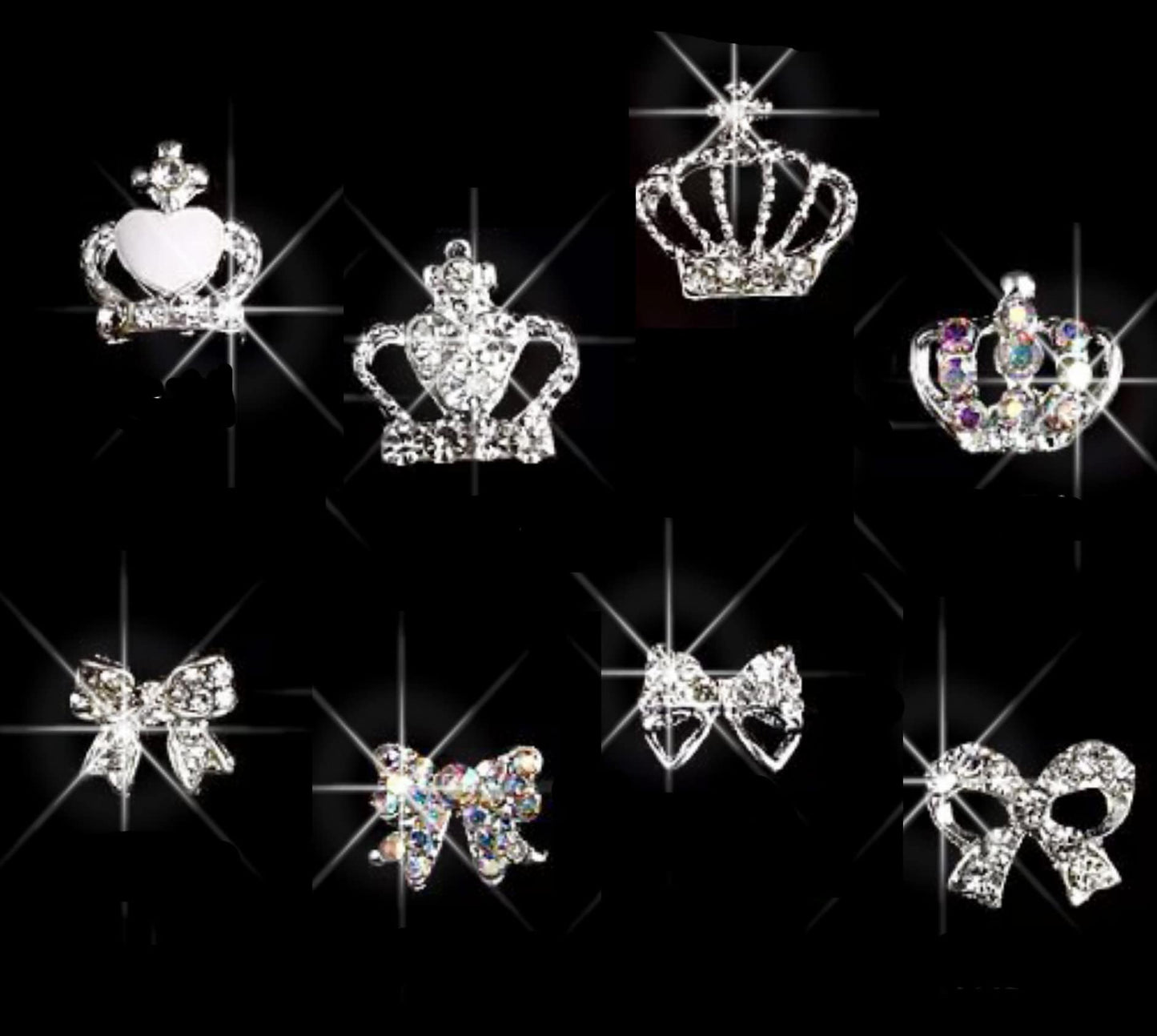 2 pcs 3D Metallic Silver Rhinestone nail studs / crown and bow tie charm Nail design nail art