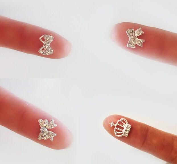 2 pcs 3D Metallic Silver Rhinestone nail studs / crown and bow tie charm Nail design nail art