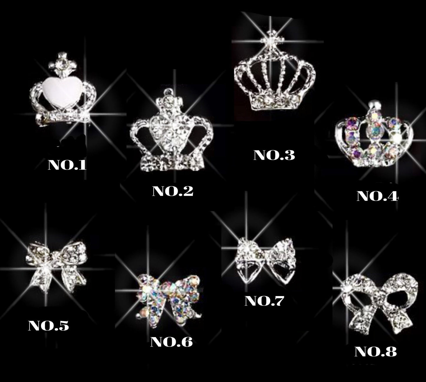 2 pcs 3D Metallic Silver Rhinestone nail studs / crown and bow tie charm Nail design nail art
