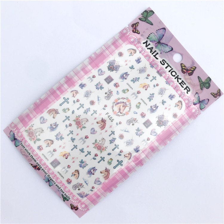 Fairy Unicorn nail sticker/ 1 Sheet 3D Nail Art Stickers Self Adhesive Decals/ Unicorn Floral Greens Nail Appliques