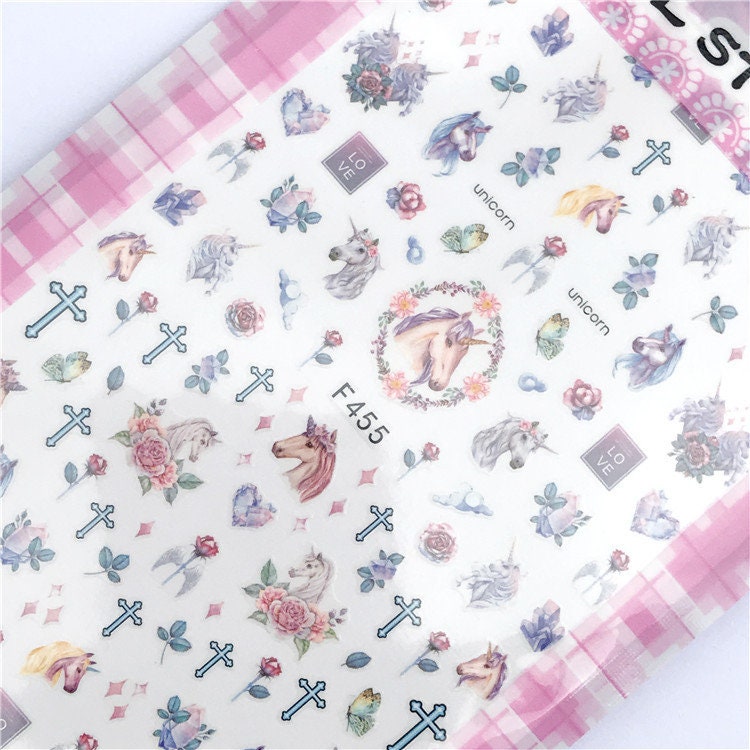 Fairy Unicorn nail sticker/ 1 Sheet 3D Nail Art Stickers Self Adhesive Decals/ Unicorn Floral Greens Nail Appliques