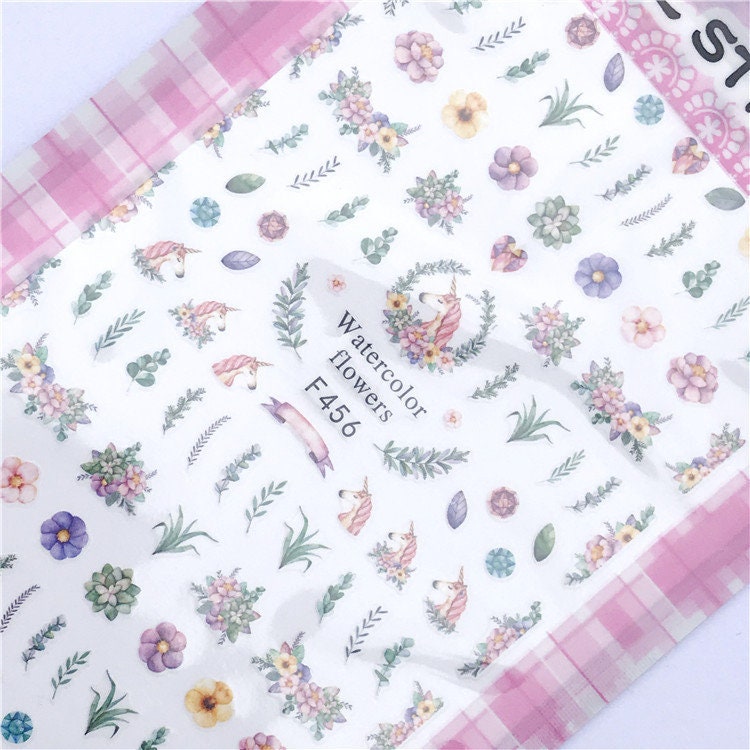 Fairy Unicorn nail sticker/ 1 Sheet 3D Nail Art Stickers Self Adhesive Decals/ Unicorn Floral Greens Nail Appliques