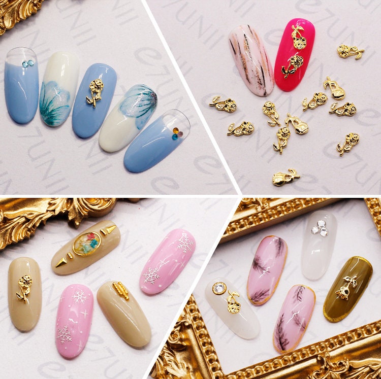 5 pcs Rose flower Metallic studs/ 3D Gold Rose Floral nail design art nail