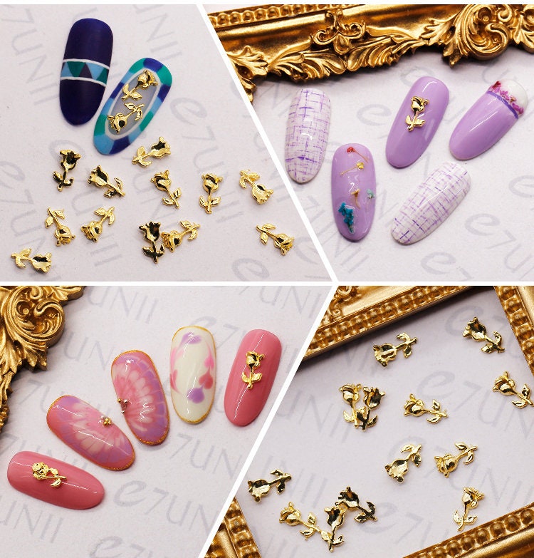 5 pcs Rose flower Metallic studs/ 3D Gold Rose Floral nail design art nail