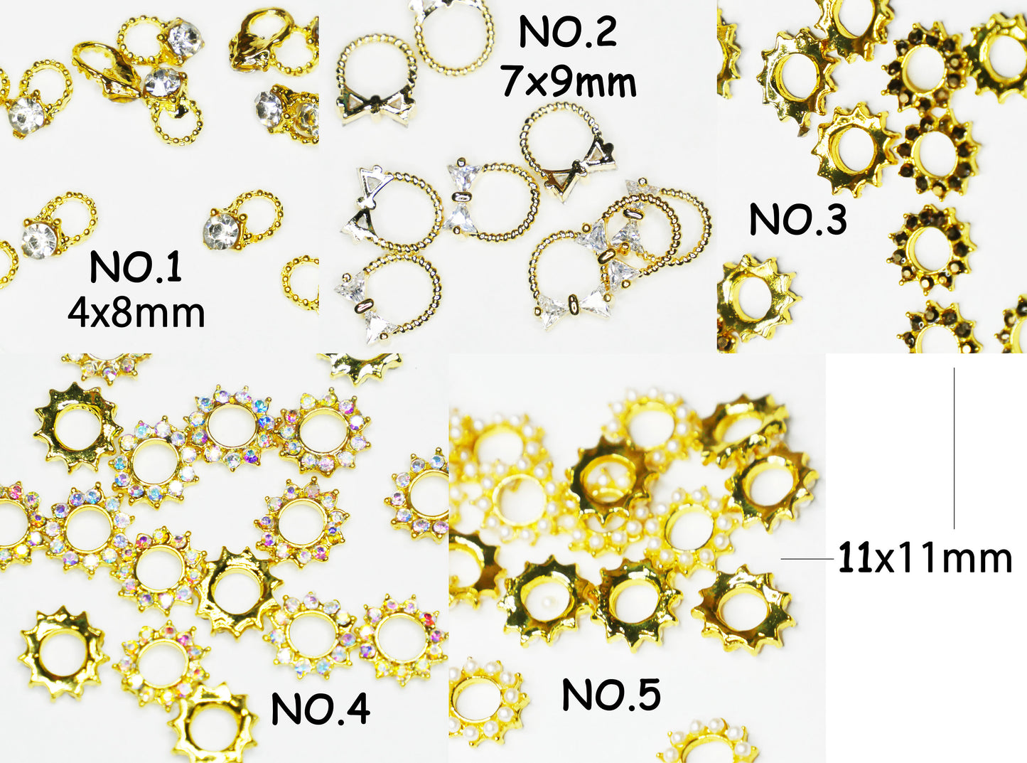 Bow Tie Hoop Ring 3D Metallic Zircon nail studs / Circle Gold Silver wreath nail charm