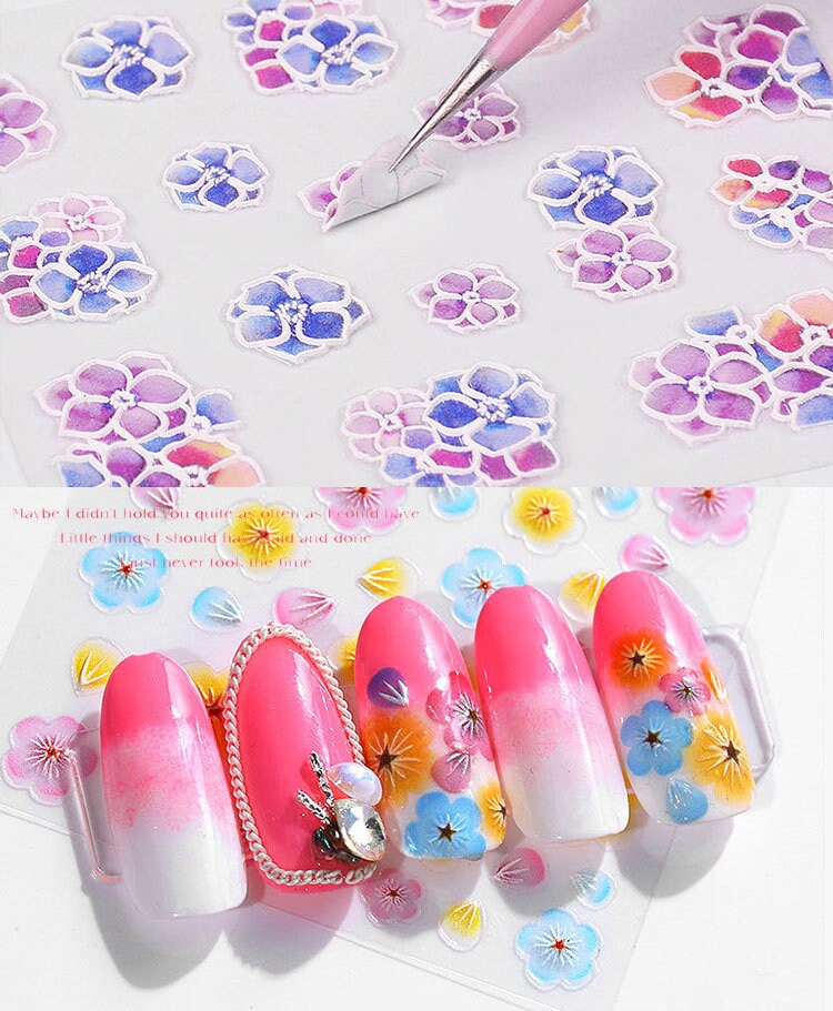 5D Flower Series Embossed nail sticker/Peel off 3D Floral Nail adhesive/Lavender, sakura, hydrangea, white lace, butterfly, tulip sticker