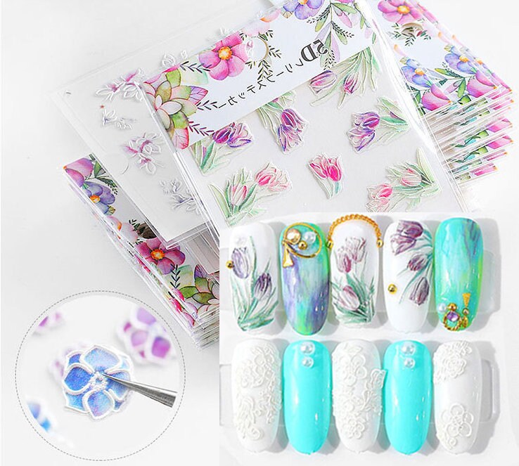 5D Flower Series Embossed nail sticker/Peel off 3D Floral Nail adhesive/Lavender, sakura, hydrangea, white lace, butterfly, tulip sticker
