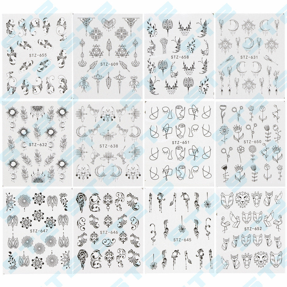 24 pcs Mehndi pattern nail tattoo/ Flower Totem nail sticker/ Mandala 3D Water transferred Nail Art Tattoos Stickers Self Adhesive Decals