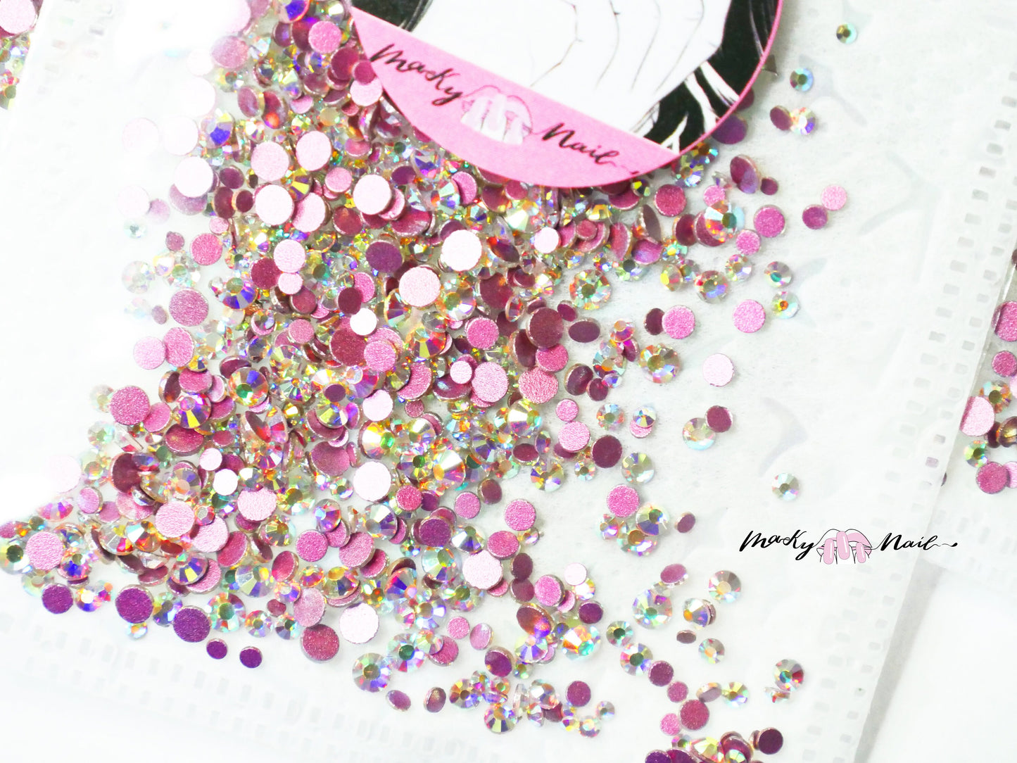 500pcs Multi-Size AB Rhinestones/ Pink Flat Back Crystal Gems 3d Nail Art Decal