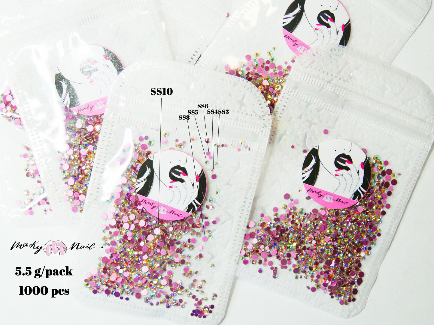 500pcs Multi-Size AB Rhinestones/ Pink Flat Back Crystal Gems 3d Nail Art Decal
