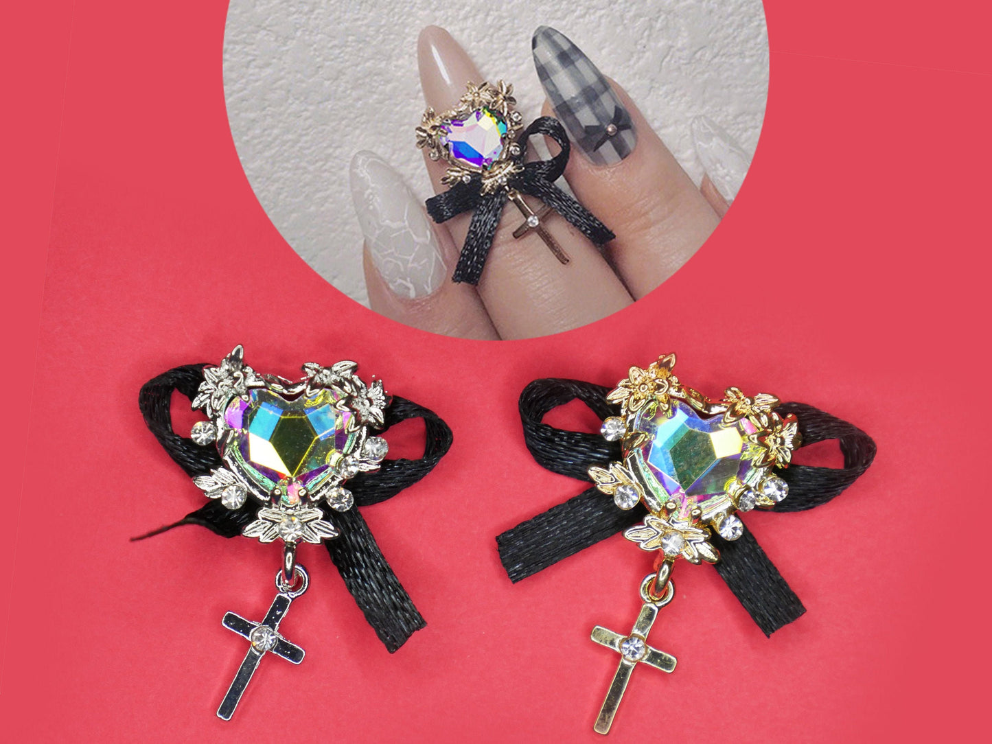 Bowtie Heart Crystal Nail charm/ AB Stone Gold Silver Rococo Victorian Royal nail jewelry