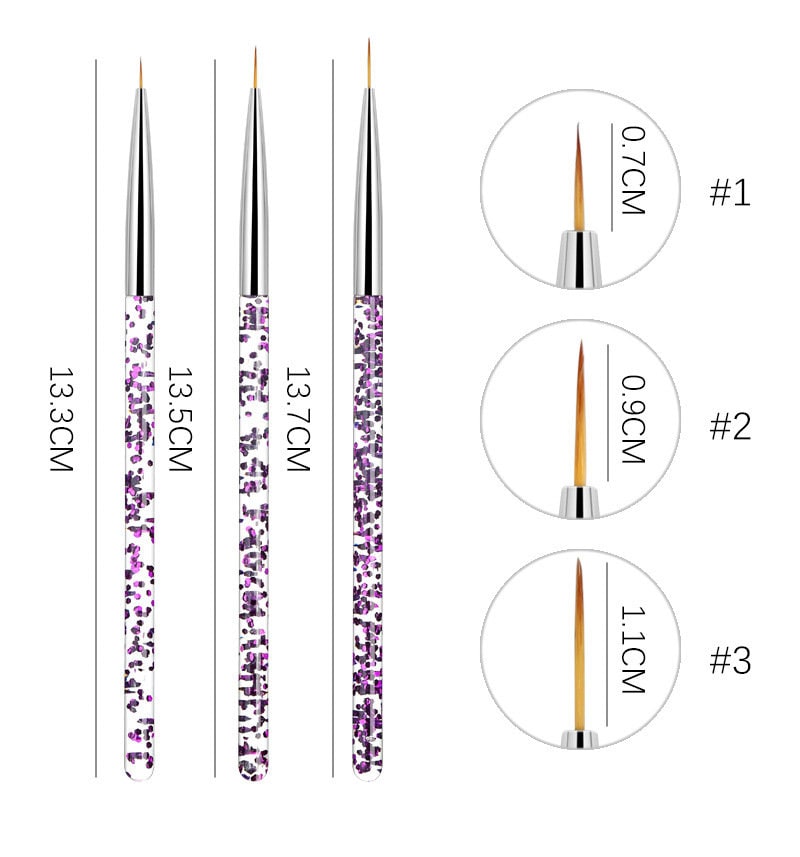 3 pcs Nail Brush Set for Detailing Striping Nail Art Brushes, liner brush, Painting Brushes set/ Crystal Pen- holder Nail Supply Tools