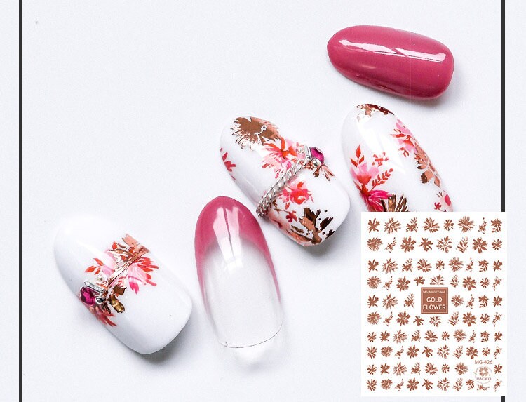 Rose Gold Hibiscus flower Nail Art Sticker/ Metallic DIY Tips Guides Transfer Stickers/ Flower Sticker/ Abstract Floral manicure stencil