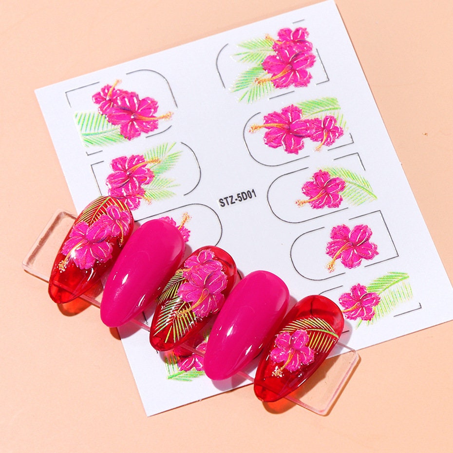 5D Flower series embossed nail sticker/Peel off 3D Floral Nail adhesive/Rose, hibiscus, flamingo Nail art design decal