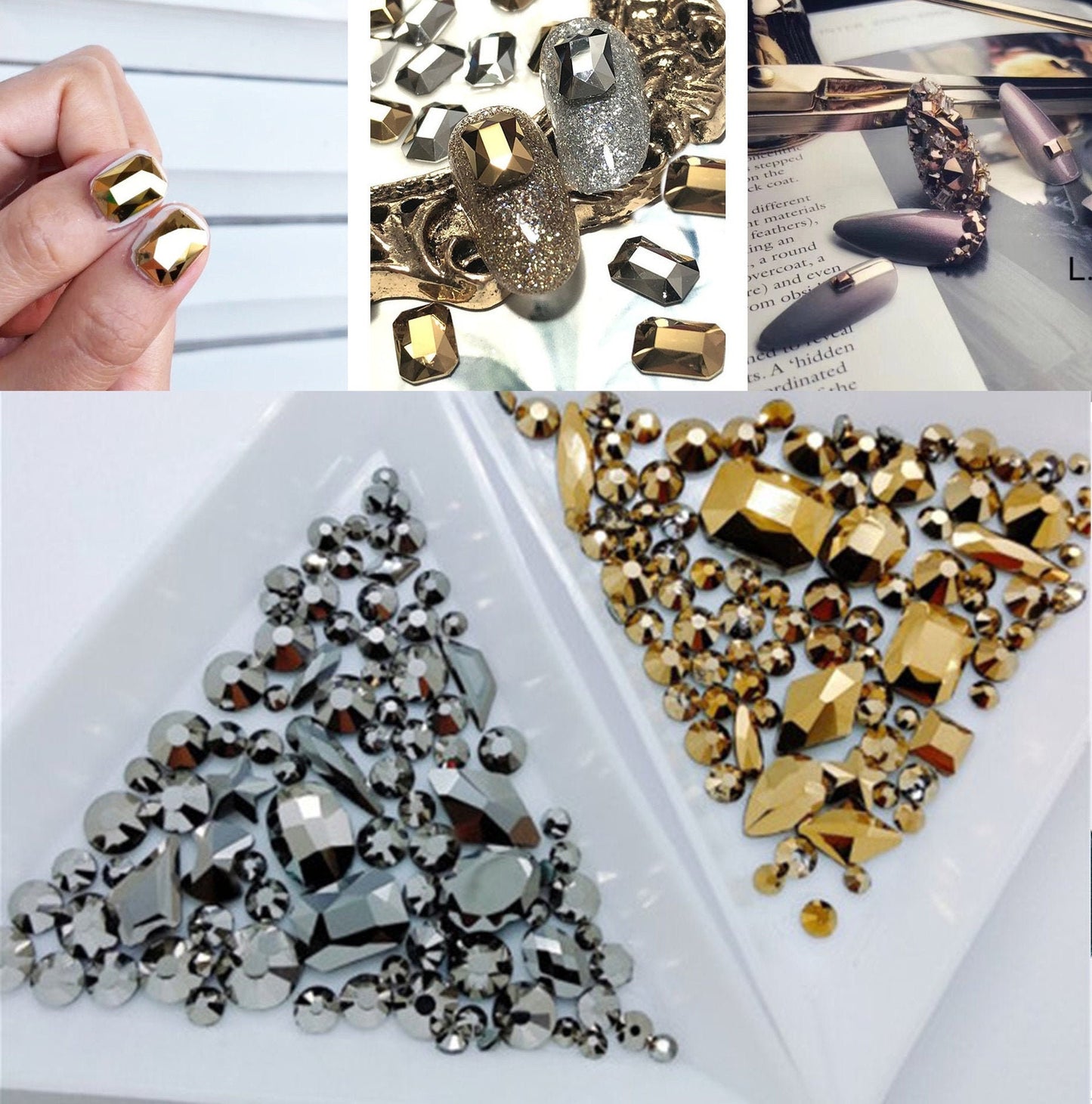 Metallic Plated Gun black Gold Nail jewelry Diamond set/ Black Crystal nail art rhinestones