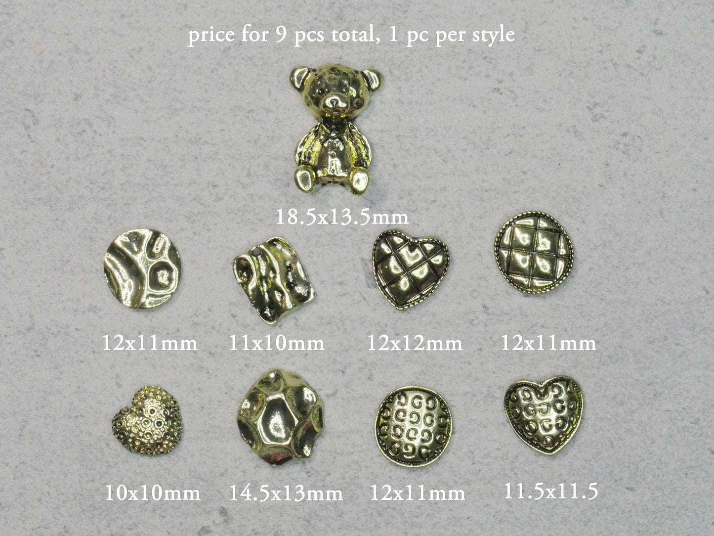 9 pcs 3D Antique Vintage Punk Teddy bear nail decoration/ Bronze Metallic Heart Shaped Decal Nail DIY deco