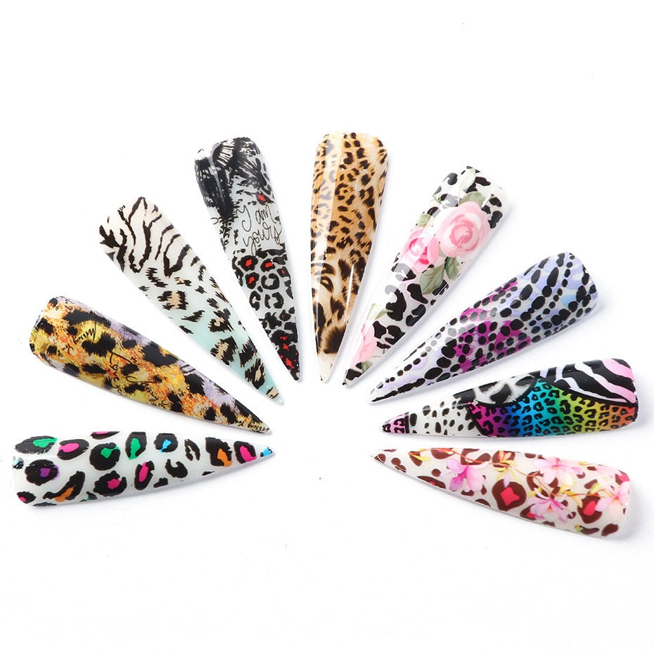 10 pcs Leopard Print Metallic transfer paper Foil Nail Art Sticker Decal/ Animal pattern DIY Golden nail transferring mirrored foil design
