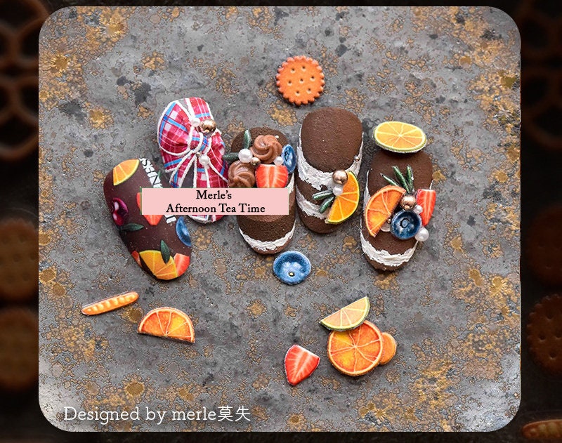 Afternoon Tea Foodie nail sticker/Cookie Chocolates Sweets Self Adhesive Decals/3D Ultra Thin peel off Strawberry Lemon Cherry Fruits Nails