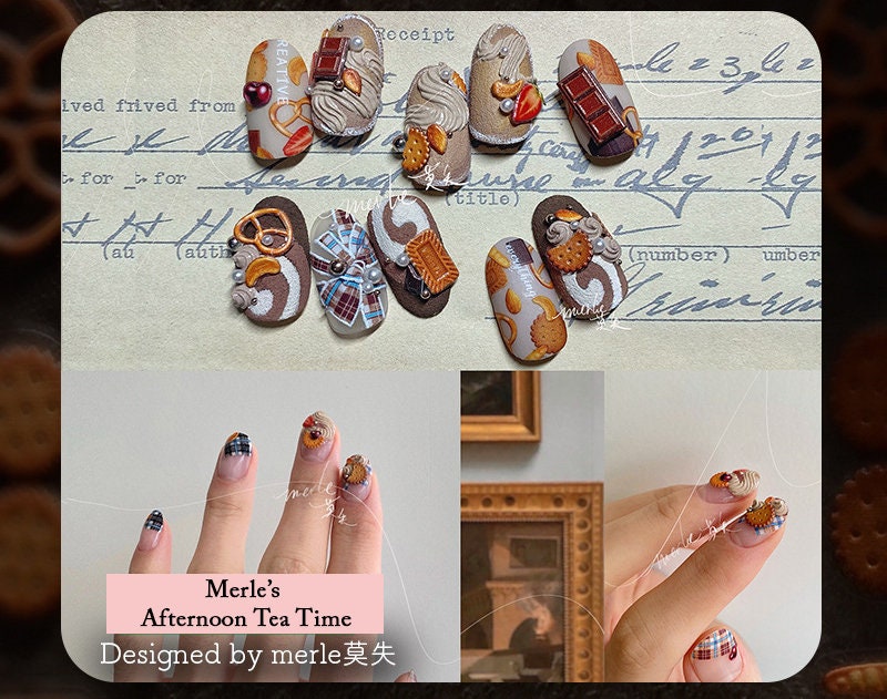 Afternoon Tea Foodie nail sticker/Cookie Chocolates Sweets Self Adhesive Decals/3D Ultra Thin peel off Strawberry Lemon Cherry Fruits Nails