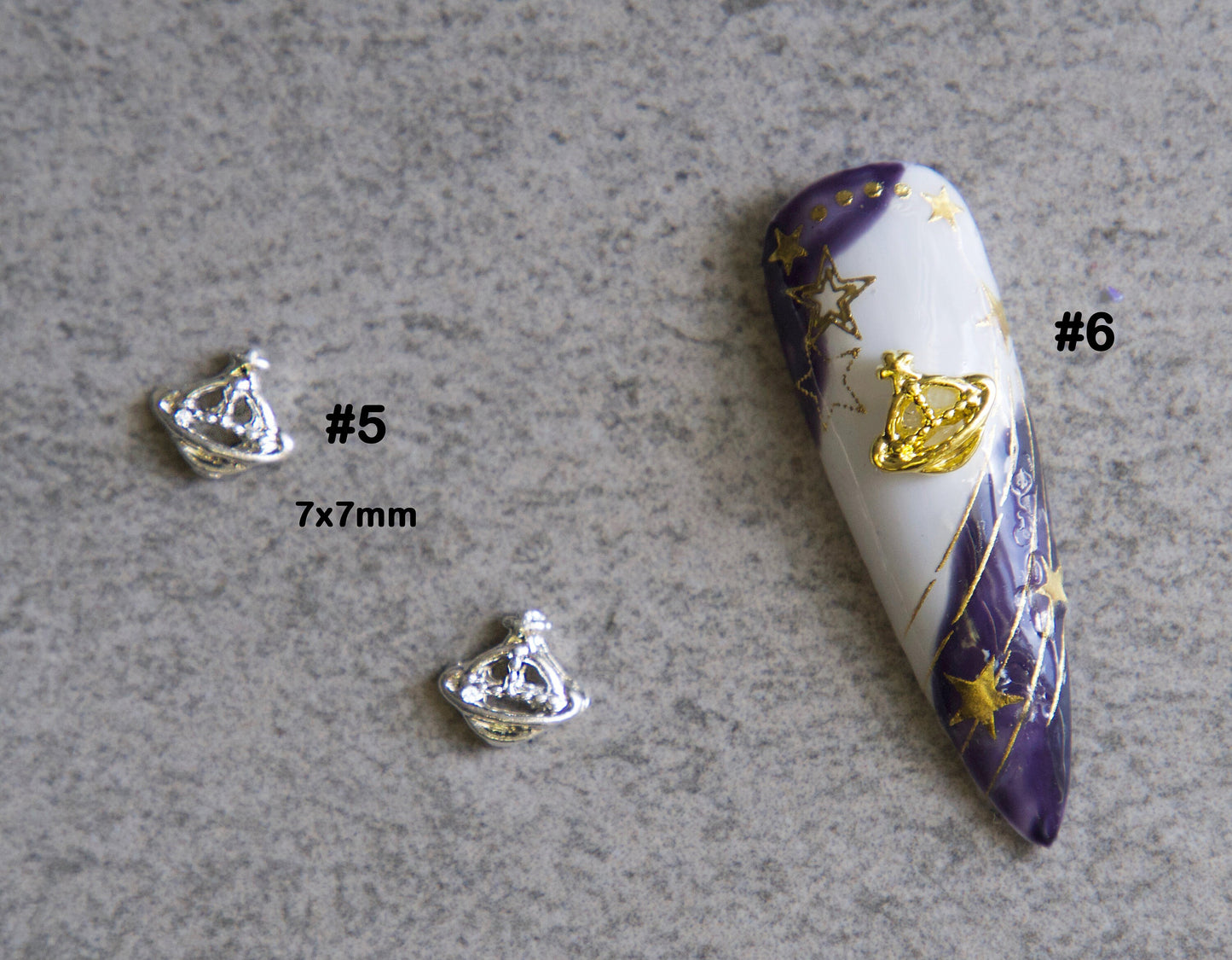5pcs 3D Punk Gold nail studs / Planet Silver hearts shape golden Ring Circle charm nail art