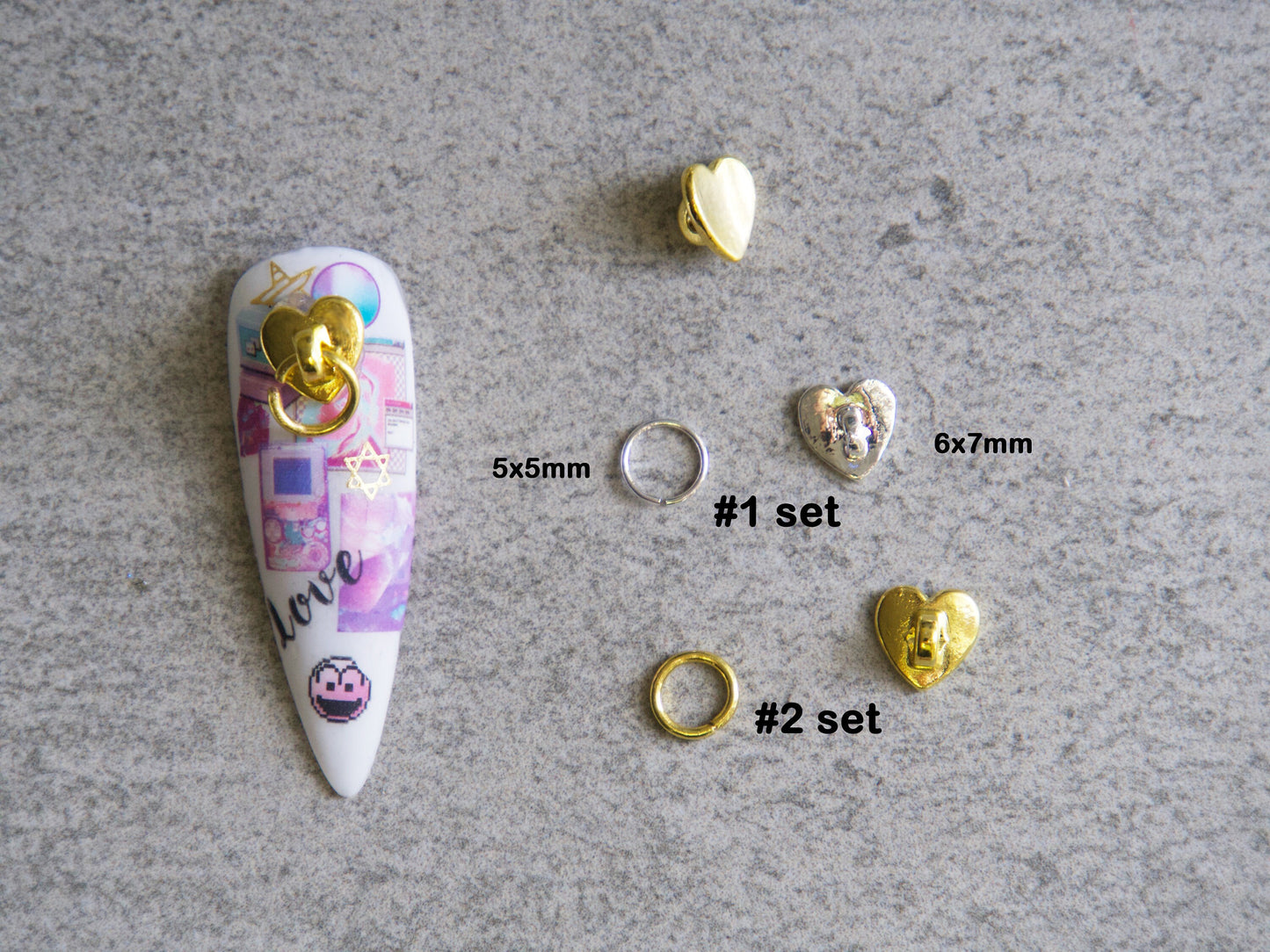 5pcs 3D Punk Gold nail studs / Planet Silver hearts shape golden Ring Circle charm nail art