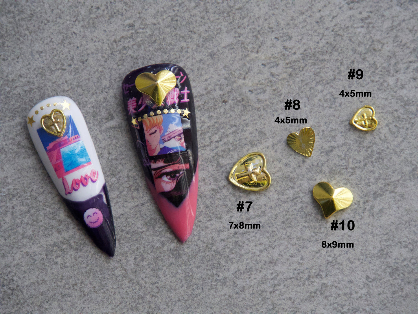 5pcs 3D Punk Gold nail studs / Planet Silver hearts shape golden Ring Circle charm nail art