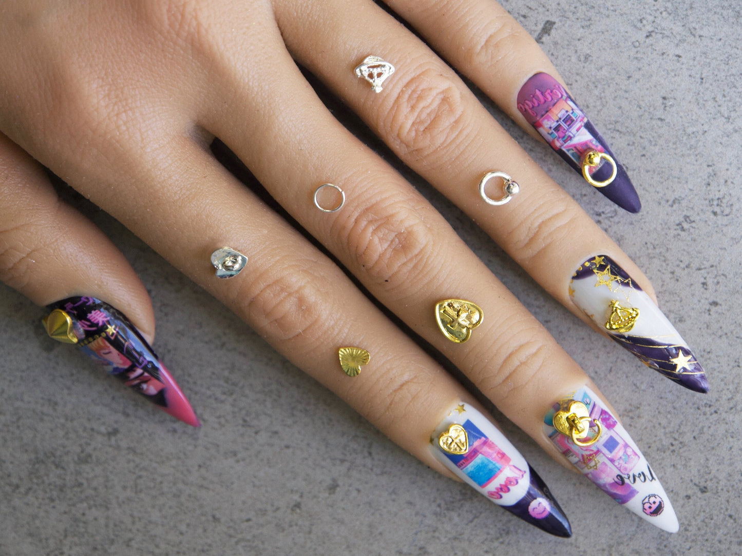 5pcs 3D Punk Gold nail studs / Planet Silver hearts shape golden Ring Circle charm nail art