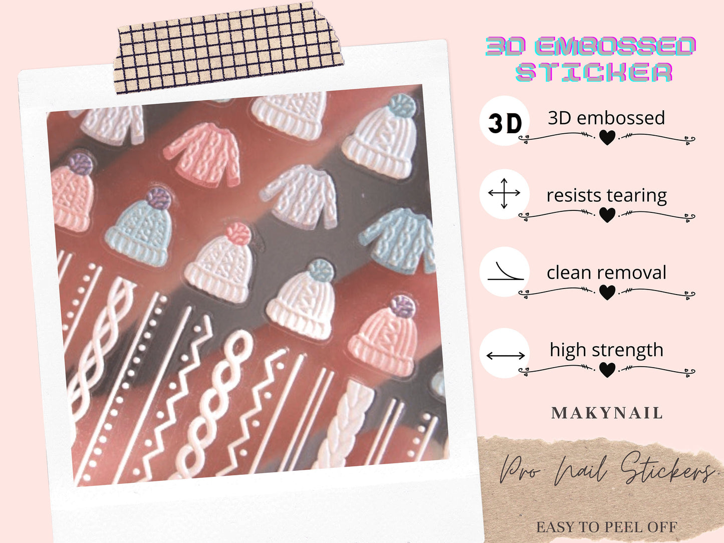 Knit Sweater Nail Art Stickers Self Decals/ Fall Winter 3D Embossed Textured Sweaters Beanie Peel off Nails Sticker/ Christmas Nails